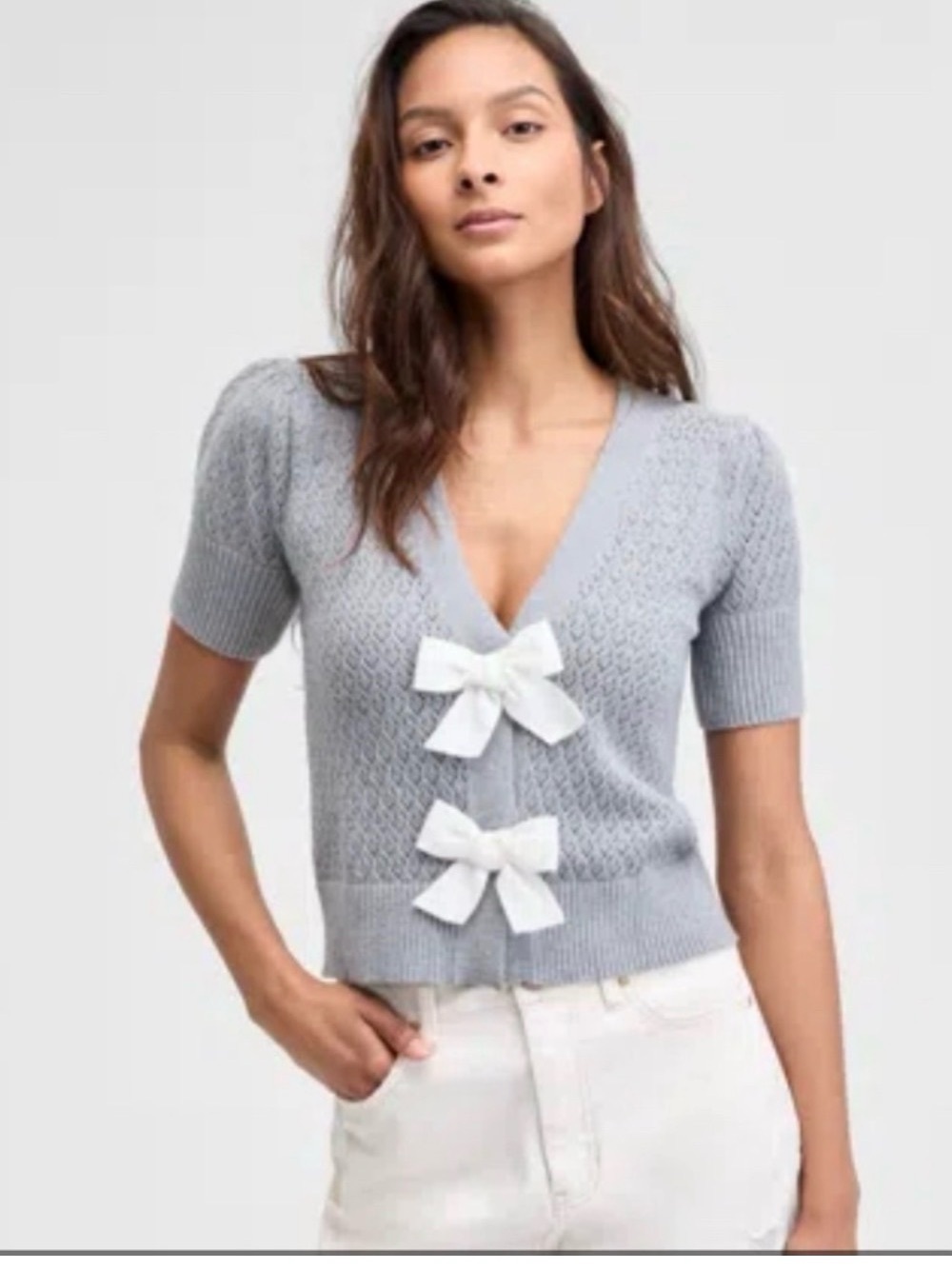 Soft Gray V-Neck Short-Sleeve Sweater with Bow Details